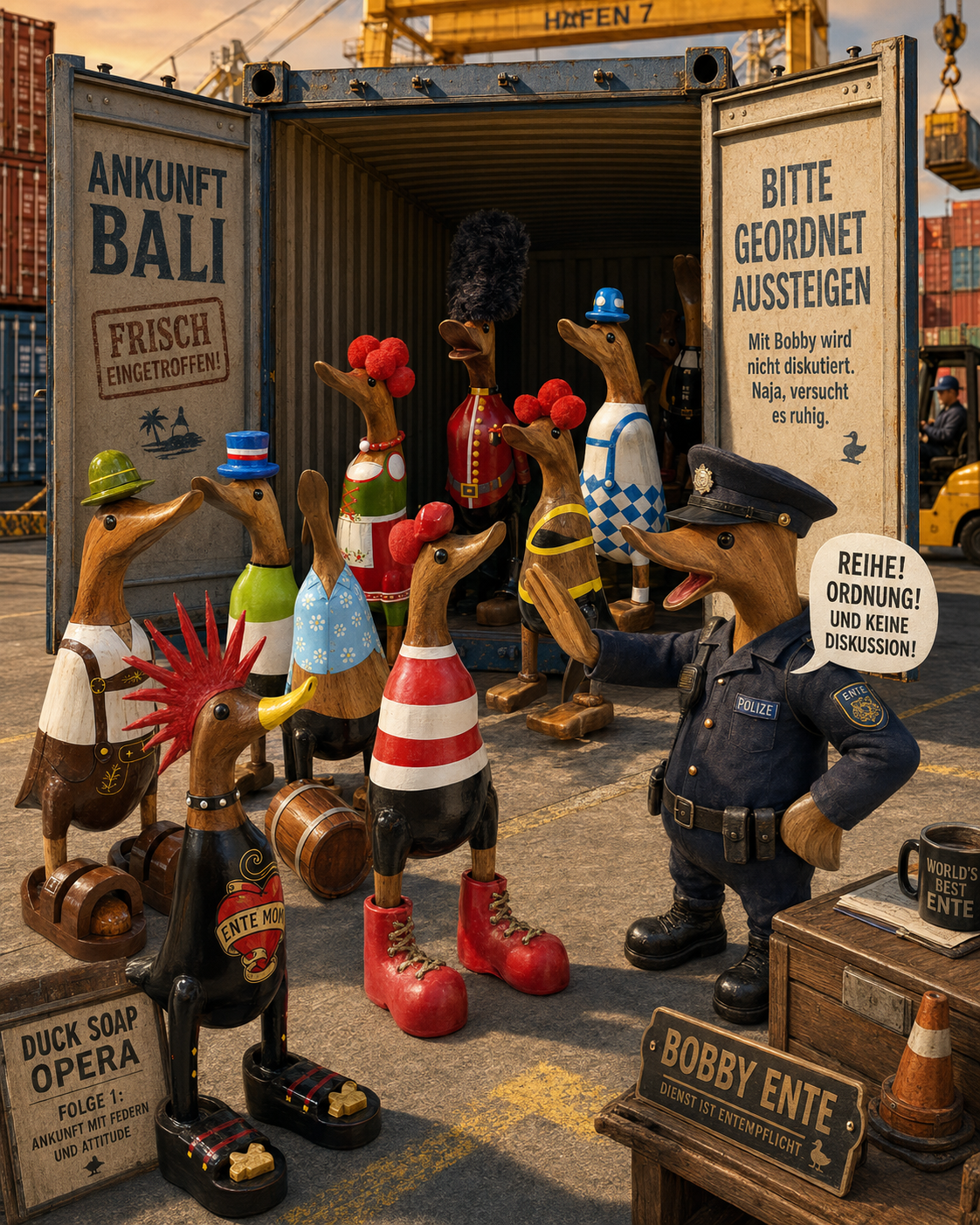 Bobby Ente kontrolliert die Ankunft vieler Enten aus einem Seecontainer
