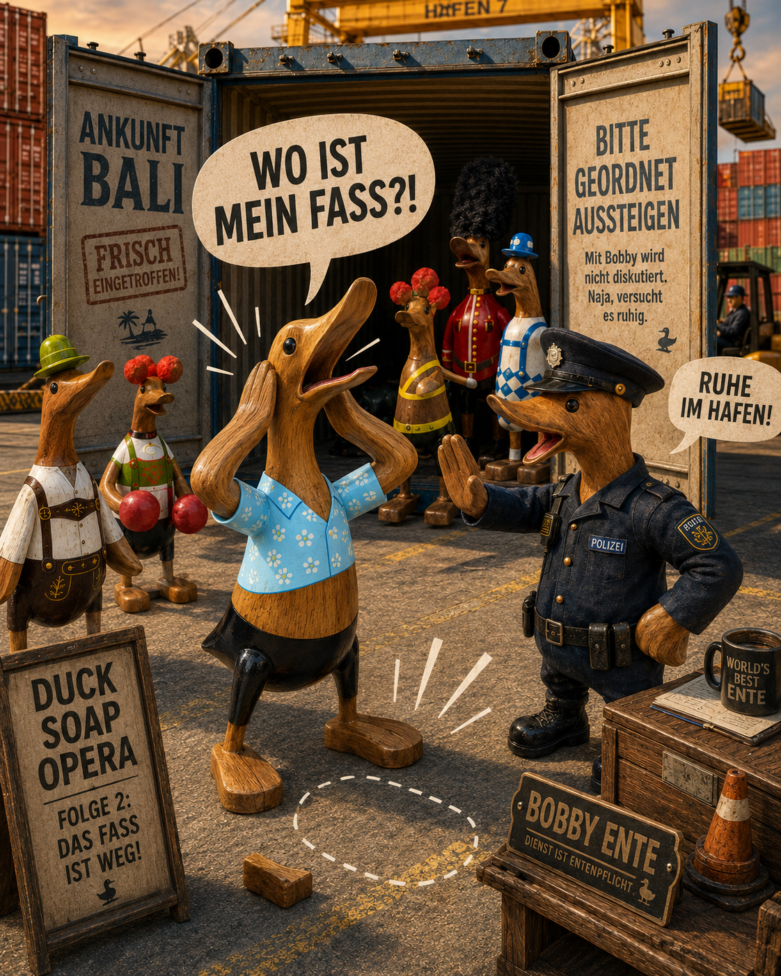 Die aufgebrachte Biertrinker-Ente sucht ihr verschwundenes Fass und diskutiert mit Bobby