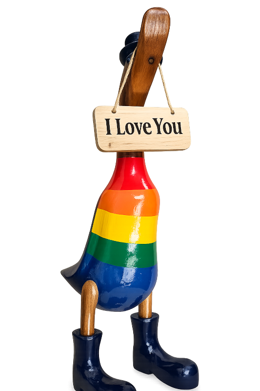 Die Regenbogen Ente, 40cm hoch + Schild